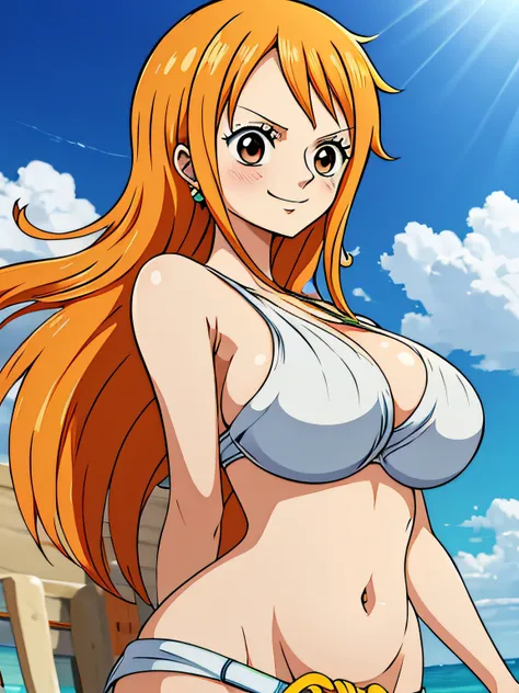 Nami from one piece,very light orange and yellowish haired girl,beautiful brown eyes, blushing cheeks,in a clouds in the sky smiling at the viewer,large breasts,blushing on the cheek with a free hair, The art style should resemble a captivating anime style...