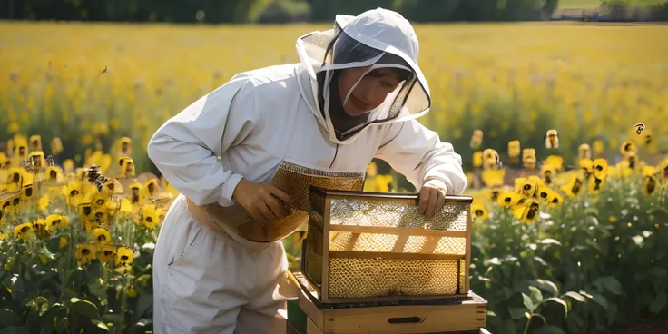 Illustration of a beekeeper harvesting bees