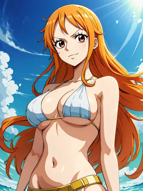 Nami de One Piece,Chica de pelo muy claro y amarillento,hermosos ojos marrones, Mejillas sonrojadas,en una nube en el cielo sonriendo al espectador,senos grandes,rubor en la mejilla con un pelo libre, The art style should resemble a captivating anime style...