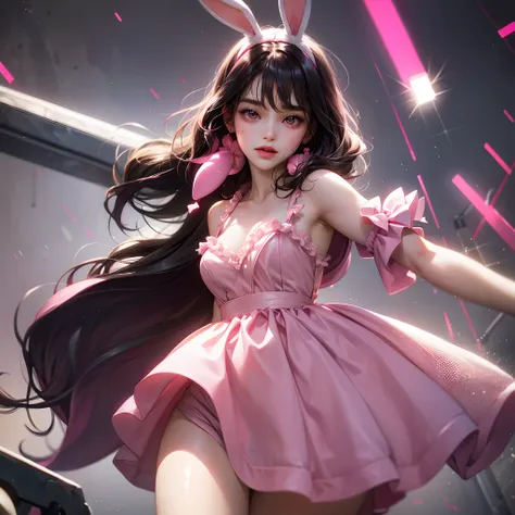 a women, pink bunny ears, black hair, pink eyes, pink dress