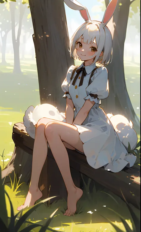 ((masterpiece,best quality)),1girl, solo, animal ears, rabbit, barefoot, knees up, dress, sitting, rabbit ears, short sleeves, looking at viewer, grass, short hair, smile, white hair, puffy sleeves, outdoors, puffy short sleeves, bangs, on ground, full bod...