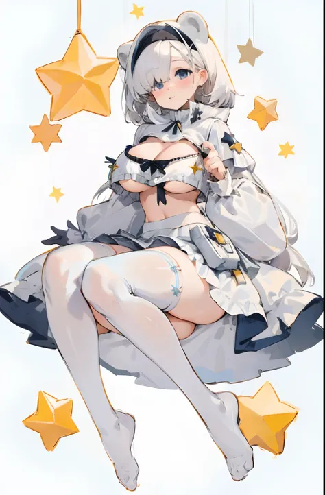 Bigboobs，No shoes，cropped shoulders，White knee-length stockings，White Lolita skirt，Star decoration