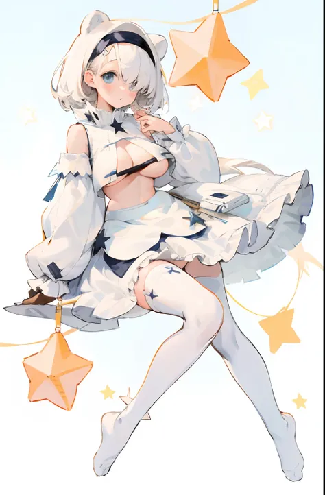 Bigboobs，No shoes，cropped shoulders，White knee-length stockings，White Lolita skirt，Star decoration