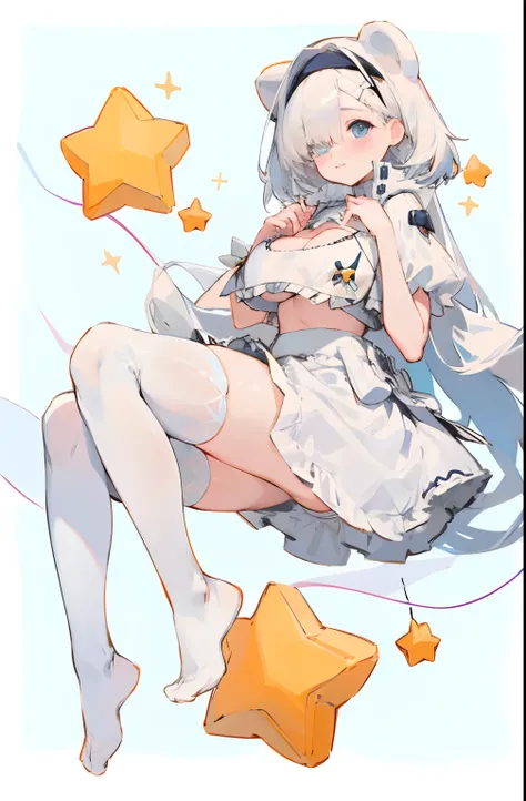 Bigboobs，No shoes，cropped shoulders，White knee-length stockings，White Lolita skirt，Star decoration