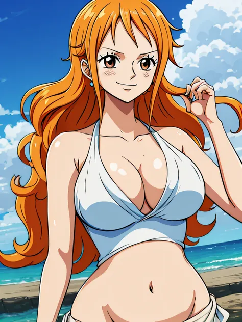 Nami from one piece,very light orange and yellowish haired girl,beautiful brown eyes, blushing cheeks,in a clouds in the sky smiling at the viewer,large breasts,blushing on the cheek with a free hair, The art style should resemble a captivating anime style...