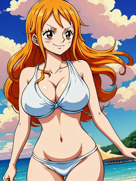 Nami from one piece,very light orange and yellowish haired girl,beautiful brown eyes, blushing cheeks,in a clouds in the sky smiling at the viewer,large breasts,blushing on the cheek with a free hair, The art style should resemble a captivating anime style...