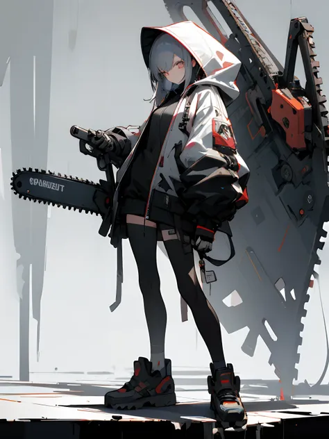 absurdres, highres, ultra detailed,
1girl,oversized hooded jacket,full body,
holding mechanical chainsaw,