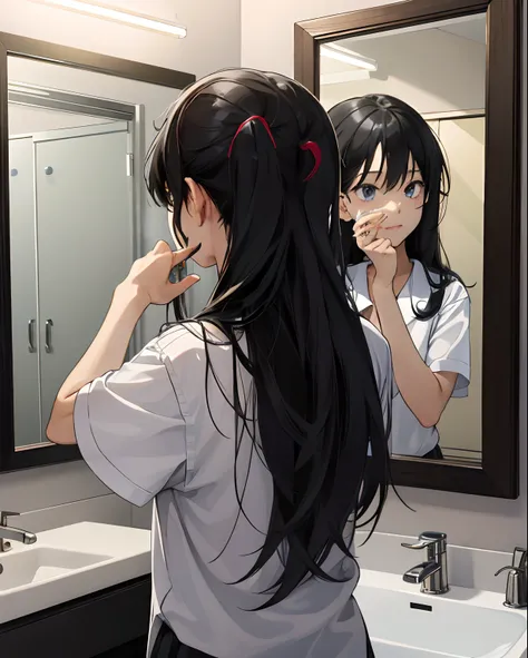 a girl with black and long hair, school uniform washing her face at washstand in washroom in school , mirror , washstand,