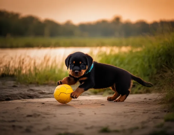 Rottweiler puppy，Playing with a ball on the river bank, Fresh & Charming，warm color palette，Hot Scene，natural light，Soft shade