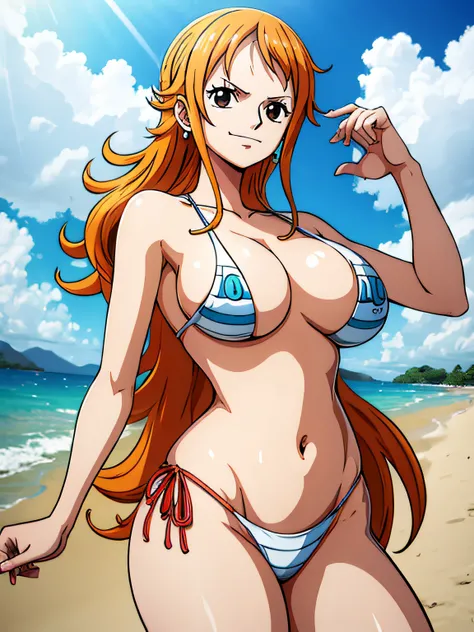 Nami de One Piece,Chica de pelo muy claro y amarillento,hermosos ojos marrones, Mejillas sonrojadas,en una nube en el cielo sonriendo al espectador,senos grandes,rubor en la mejilla con un pelo libre, The art style should resemble a captivating anime style...