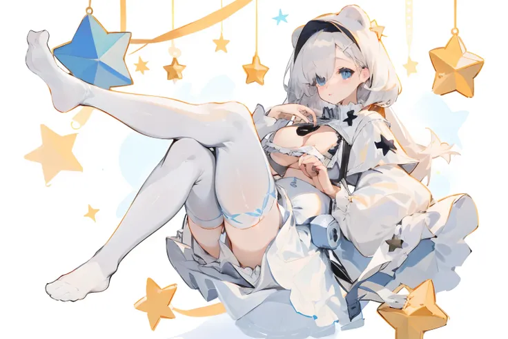 Bigboobs，No shoes，cropped shoulders，White knee-length stockings，White Lolita skirt，Star decoration