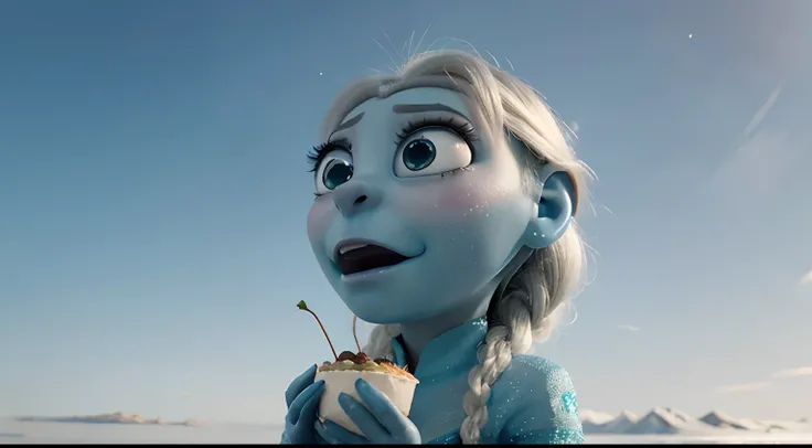 Elsa from frozen eating a mini dame tu cosita alien, sky background , blurred background, pixar style, eating mini alien by his head, near shot