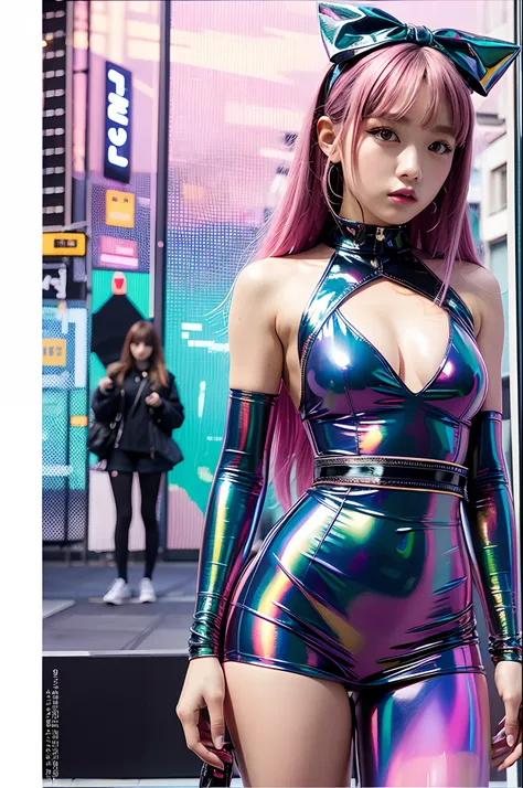 transparent color pvc dress, Transparent color vinyl clothes, prisma, Holographic, chromatic abberation, fashion illustration, masutepiece, Girls in Harajuku Fashion, Looking at Viewer, 8K, ultra-detailliert, pixiv