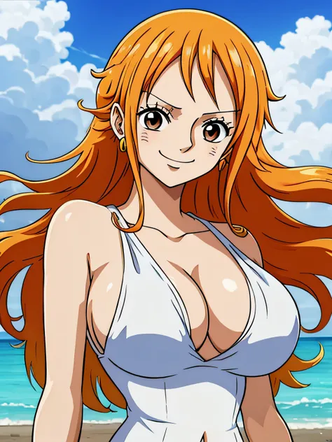 Nami from one piece,very light orange and yellowish haired girl,beautiful brown eyes, blushing cheeks,in a clouds in the sky smiling at the viewer,large breasts,blushing on the cheek with a free hair, The art style should resemble a captivating anime style...