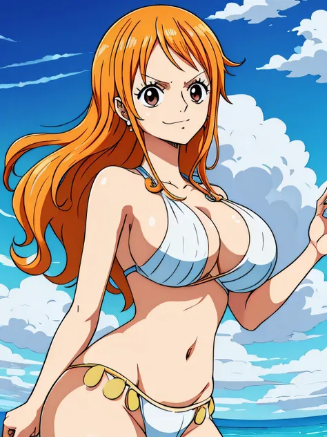 Nami de One Piece,Chica de pelo muy claro y amarillento,hermosos ojos marrones, Mejillas sonrojadas,en una nube en el cielo sonriendo al espectador,senos grandes,rubor en la mejilla con un pelo libre, The art style should resemble a captivating anime style...