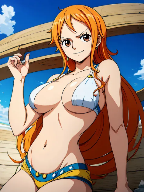 Nami de One Piece,Chica de pelo muy claro y amarillento,hermosos ojos marrones, Mejillas sonrojadas,en una nube en el cielo sonriendo al espectador,senos grandes,rubor en la mejilla con un pelo libre, The art style should resemble a captivating anime style...