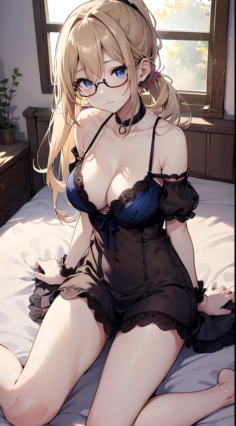 top-quality、Top image quality、​masterpiece、((NSFW:1.1))girl with((18year old、negligee:1.6、Bust 85、a blond、disheveled ponytail、Blue eyes、open chest wide、cleavage of the breast、Happiness、Black wristband on wrist、eye glass、Ear-piercing))、Lie down、A slender、hi...