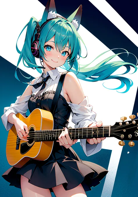 ((masutepiece, Best Quality))1girl in, Solo, Black Dress, Blue eyes, electric guitar, Guitar, headphones, double ponytails, Holding, holding plectrum, musical instrument, long green hair, Music, One side up, Teal Hair, Twin-tailed, (Cats ears)、playing guit...