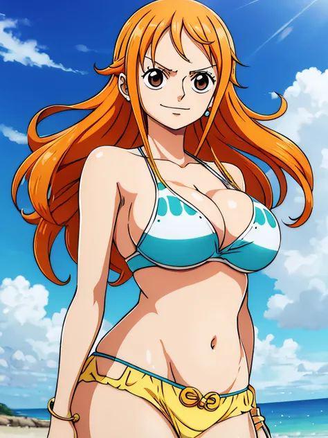 Nami de One Piece,Chica de pelo muy claro y amarillento,hermosos ojos marrones, Mejillas sonrojadas,en una nube en el cielo sonriendo al espectador,senos grandes,rubor en la mejilla con un pelo libre, The art style should resemble a captivating anime style...