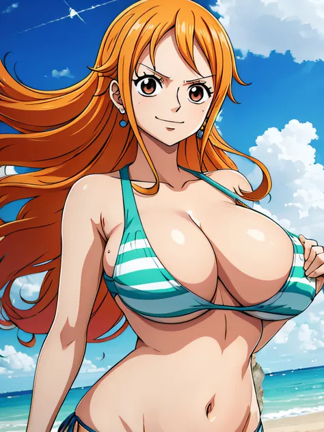 Nami de One Piece,Chica de pelo muy claro y amarillento,hermosos ojos marrones, Mejillas sonrojadas,en una nube en el cielo sonriendo al espectador,senos grandes,rubor en la mejilla con un pelo libre, The art style should resemble a captivating anime style...