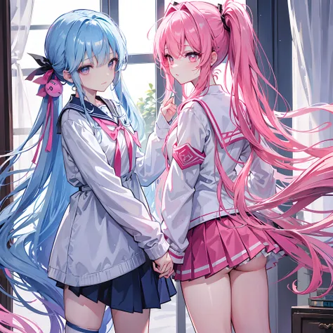 light blue long hair，Crimson pink eyes，The hair was tied up with two pink headbands，Short double ponytail，Qi bangs，Two long hair curtains on both sides，Wearing a white sailors uniform school uniform，grey short skirt，Iron earrings worn by bad girls，Liu Hai ...