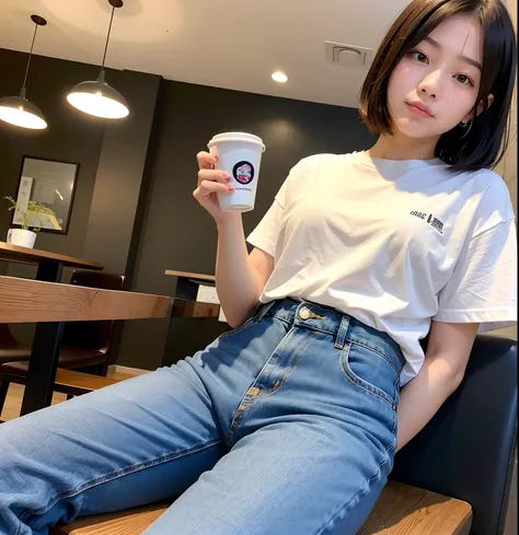 (逼真:1.2)、a 18 year old girl、sitting on、Short black hair,jeans, white  shirt,Drinking coffee in a café