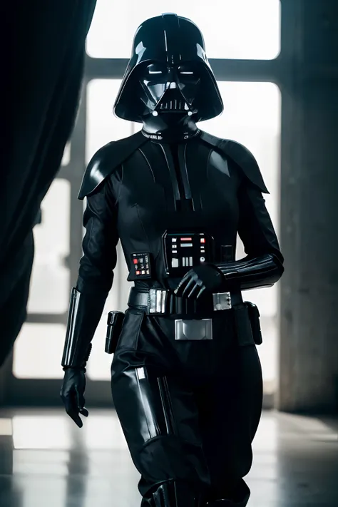 ((stana katic as darth vader in starwars, starwars movie scene, wearing sexy darth vader armor, walking, stormtrooper escort beh...