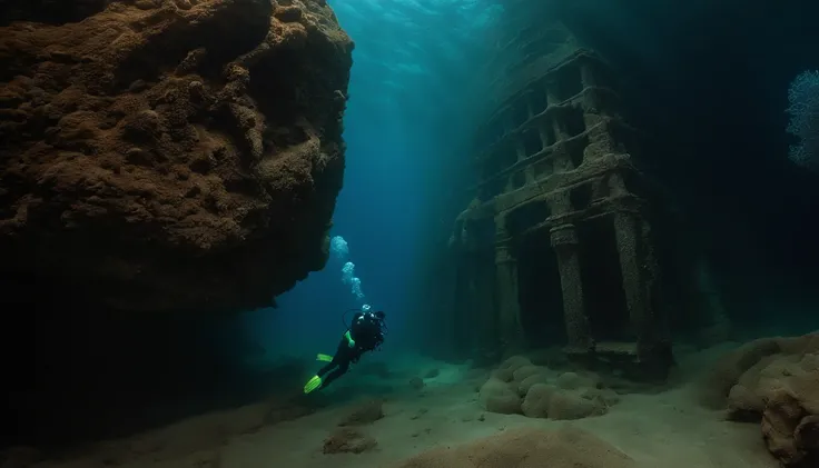 Terrifying，Best quality，フォトリアリスティック，A group of divers discover the giant skeleton of an ancient creature located on the bottom of the sea