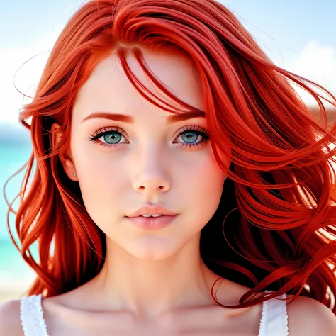 Redhead Girl, olhos azuis, nua, corpo perfeito, seios grandes, cintura fina, sapato de salto. Foto realista.