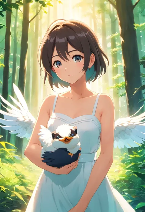 (Best quality,highr:1.2),Fotorrealista,anime big breast,A princess,girl,white dresses,small,adolable,Cartoon dog,(The low girl holds a wounded bird)Rio Claro in your hands,ln the forest,rays of sunshine,Eye contact