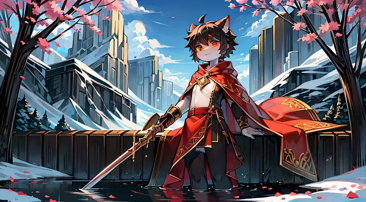 Black Haired Wolf，long red cloak，orange color shirt，falling flower petals，Mountains，Shota，adolable，Orange pupils，sitted，flowing river，snowfield，out a hand，solo person，clear blue skies，Expectant eyes，head looking up，having fun，rays of sunshine，Look into the...