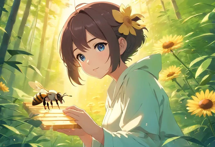 (Best quality,highr:1.2),Fotorrealista,anime big breast,beekeeper,Libido boy,White protective clothing,small,adolable,honeybee,(The low boy holds a small bee)Rio Claro in your hands,ln the forest,rays of sunshine,Eye contact