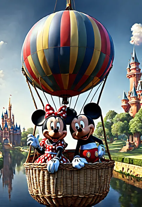 (best quality, 4k, 8k, high resolution, masterpiece: 1.2), ultra detailed, (realistic, photorealistic, photorealistic: 1.37),(mickey and minnie mouse in a hot air balloon:1.32), ( ( ( mickey mouse ) ) ), high resolution, image taken from a cartoon movie, i...