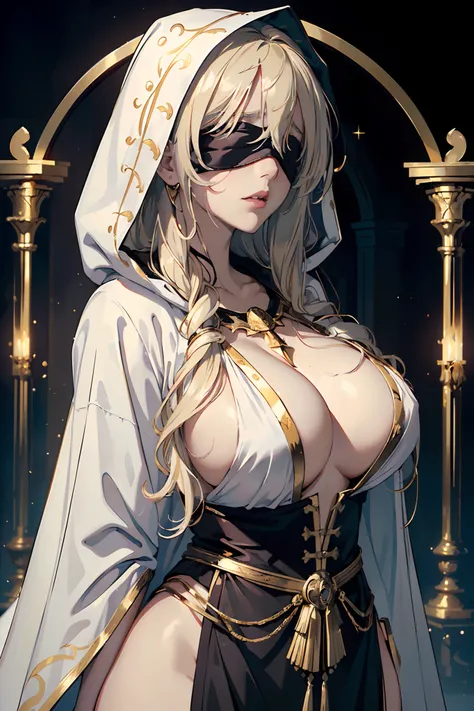 (masterpiece, top quality, best quality, official art, beautiful and aesthetic:1.2), 1girl, priestess, long light blonde hair, messy hair, (wearing black blindfold:1.3), large breasts, cleavage, (white revealing robe, gold trim), (white hood:1.2), extreme ...