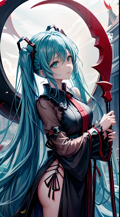 miku hatsune、Own blood、Blood droplets、Big sickle、night skyscraper、Anime Face、glareing、Niō Standing、A detailed face、moonlights、splatters、karo、murder、Hunting、despise、shinigami、Dynamism、jumpping、natta、large Scythe、Grim Reapers Scythe、Sensual clothing