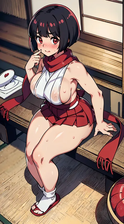 (Perfect body),Best Quality,16 K、((((Short stature))))、((((Lori))))、(shrine maiden)、sleeve less、(Red mini skirt)、White panty、(((blush)))、:D、I have my mouth wide open、Surprised、Wavy mouth、Tsuriformes、Blunt bangs、(short-hair)、(((bob cuts)))、(Red Eyes),((Blac...