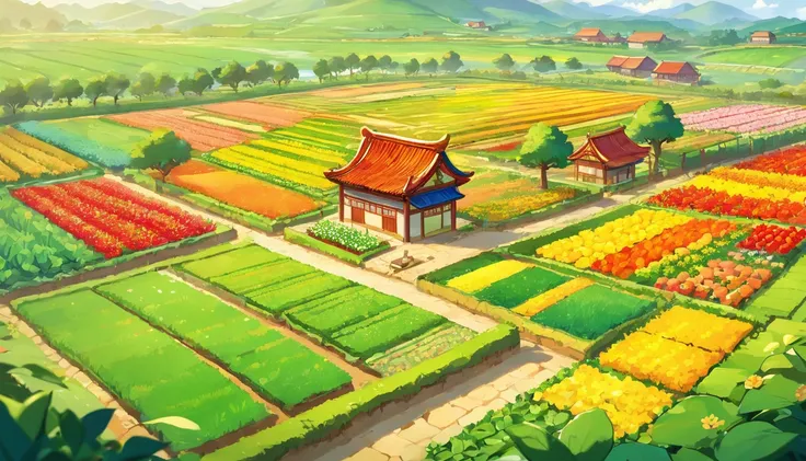 (Top-down close-up of panorama of farmland in China with modern agricultural greenhouse，Fantastic Chinese countryside fields)，Modern vegetable greenhouse, The farmland is beautifully rendered，rural landscape，It is vividly depicted in the work (Best quality...