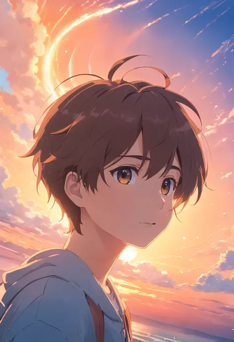 masterpiece, best quality, movie still, 1boy, floating in the sky, close-up, bright, happy, warm soft lighting, sunset, (sparks:0.7)