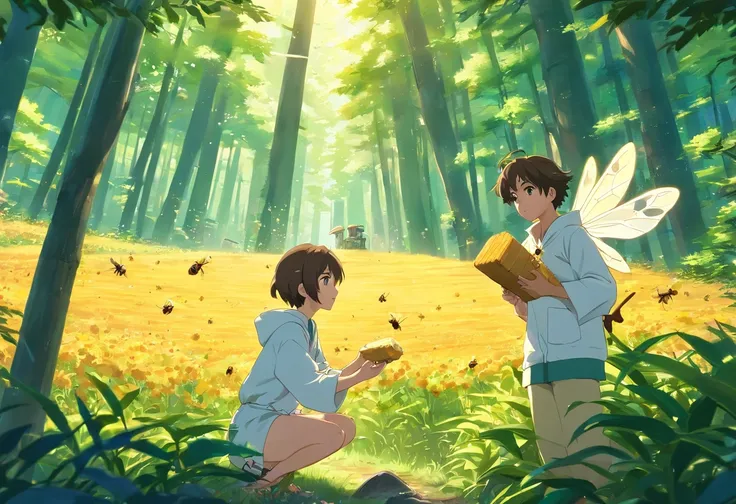 (Best quality,highr:1.2),Fotorrealista,anime big breast,beekeeper,Young men,White protective clothing,small,adolable,honeybee,(The low boy holds a small bee)Rio Claro in your hands,Bees are raised in the forest,rays of sunshine,Eye contact