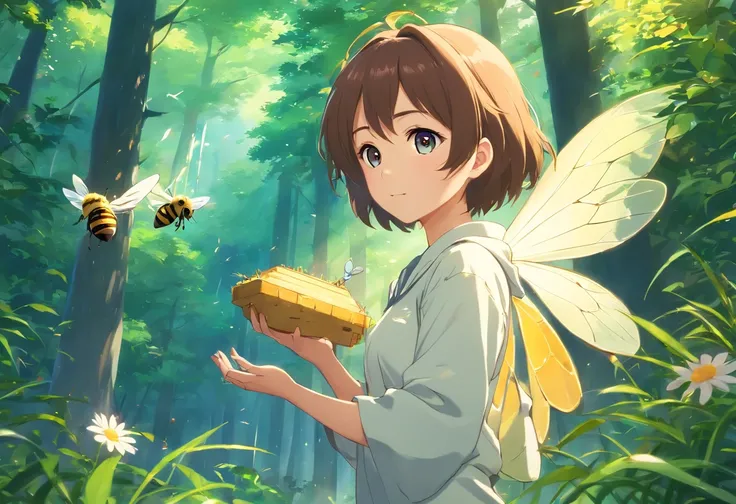 (Best quality,highr:1.2),Fotorrealista,anime big breast,beekeeper,Young men,White protective clothing,small,adolable,honeybee,(The low boy holds a small bee)Rio Claro in your hands,Bees are raised in the forest,rays of sunshine,Eye contact