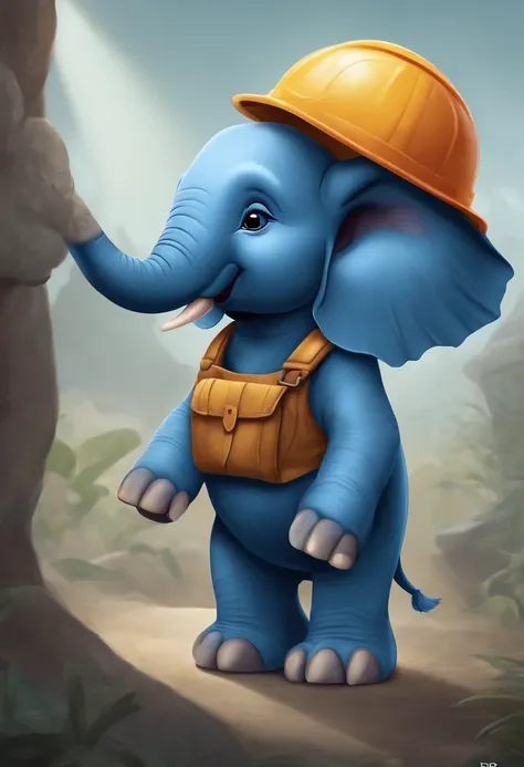 Blue elephant, wearing work clothes, gray work helmet, cute, pop, illustration