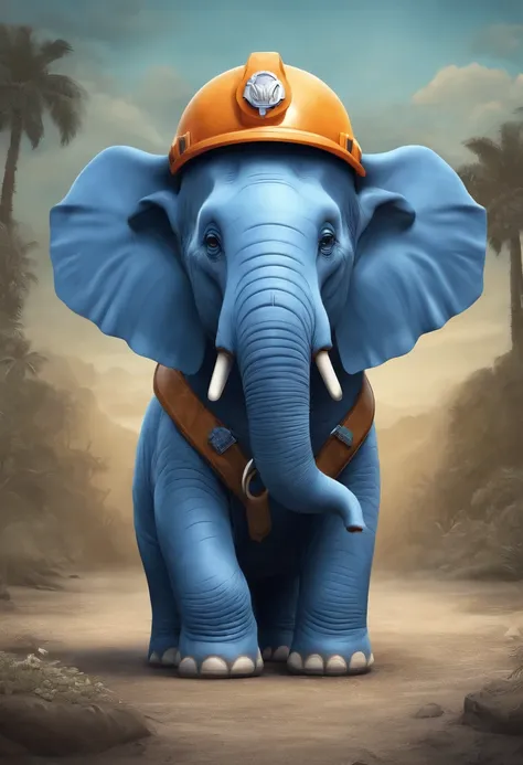 Blue elephant, wearing work clothes, gray work helmet, cute, pop, illustration