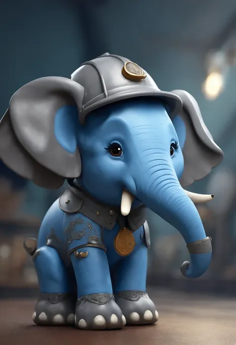 Blue elephant, wearing work clothes, gray work helmet, cute, pop, illustration