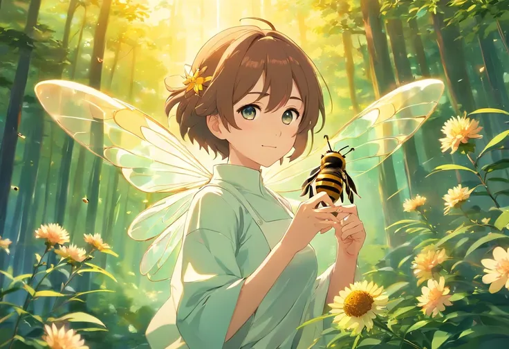 (Best quality,highr:1.2),Fotorrealista,anime big breast,beekeeper,Young men,White protective clothing,honeybee，honeycomb,(The low boy holds a small bee)Rio Claro in your hands,Bees are raised in the forest,rays of sunshine,The joy of harvest