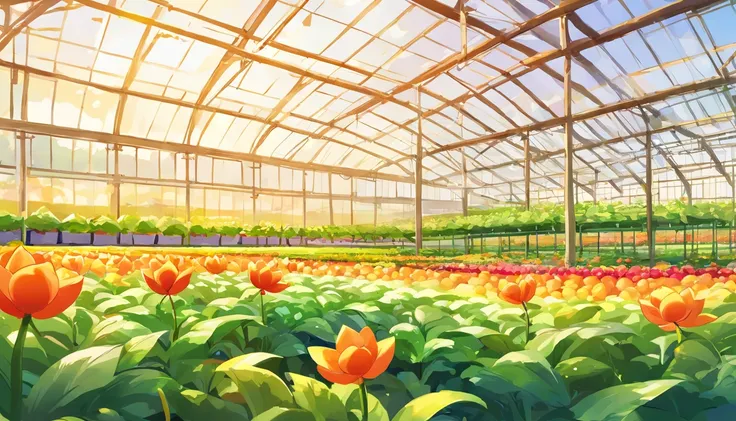 (Close-up of Chinese farmland panorama with modern agricultural white vaulted roof greenhouse，Fantastic Chinese countryside field)，Modern vegetable greenhouse, The farmland is beautifully rendered，rural landscape，It is vividly depicted in the work (Best qu...