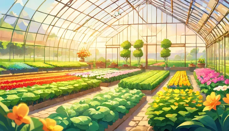 (Close-up of Chinese farmland panorama with modern agricultural white vaulted roof greenhouse，Fantastic Chinese countryside field)，Modern vegetable greenhouse, The farmland is beautifully rendered，rural landscape，It is vividly depicted in the work (Best qu...