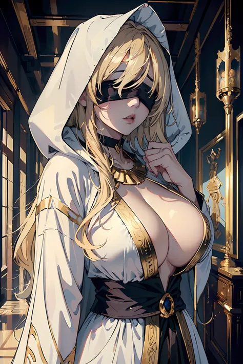 (masterpiece, top quality, best quality, official art, beautiful and aesthetic:1.2), 1girl, priestess, long light blonde hair, messy hair, (wearing black blindfold:1.3), large breasts, cleavage, (white revealing robe, gold trim), (white hood:1.2), extreme ...