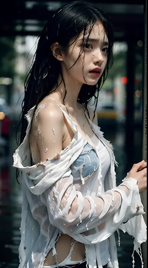 Best picture quality, masterpiece, ultra high resolution, (fidelity :1.4), photo, 1 girl,[(sadness)],white shirt, Dim, dark, desperate, pitying, pitiful, cinematic,tear,teardrop,(Torn clothes:1.5), (Wet clothes:1.4), bare shoulders,Real rain,wet hair,..