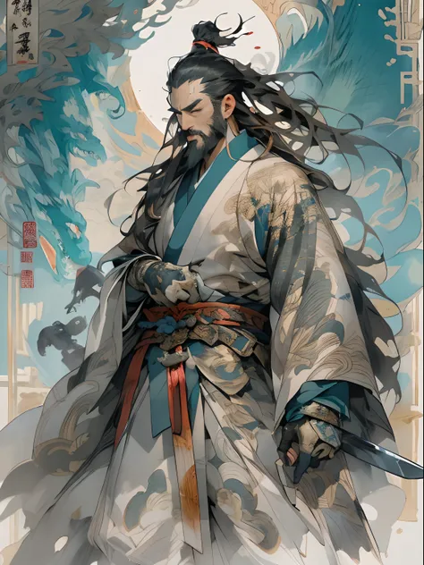 (((China-style，Ink painting method，Half-length portrait，Intense color，Han dynasty, China，Hanfu，Armor，Guan yu，Guan Yunchang，of a guy，Ruddy killing square face，Hold the Blue Dragon Moon Knife in his right hand，Stroke your beard with your left hand，Long hair，...