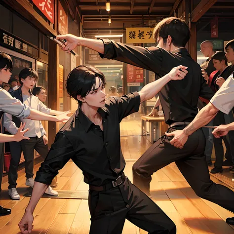 A wing Chun artist fighting with 20 karate Masters in the market,very dangerous wing chun moves,he is killing his opponents,no text,clean image,fight scene,many peoples are scared,wing Chun artist is in dark black pants shirt,full HDR,many dead bodies all ...